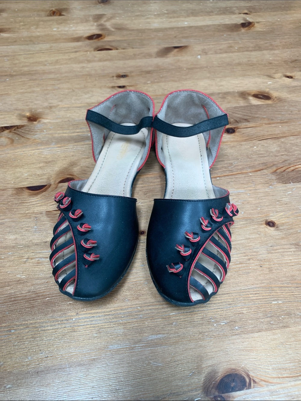 Original Leather Black and Red Women's Open-Toe Flats with Ankle Strap